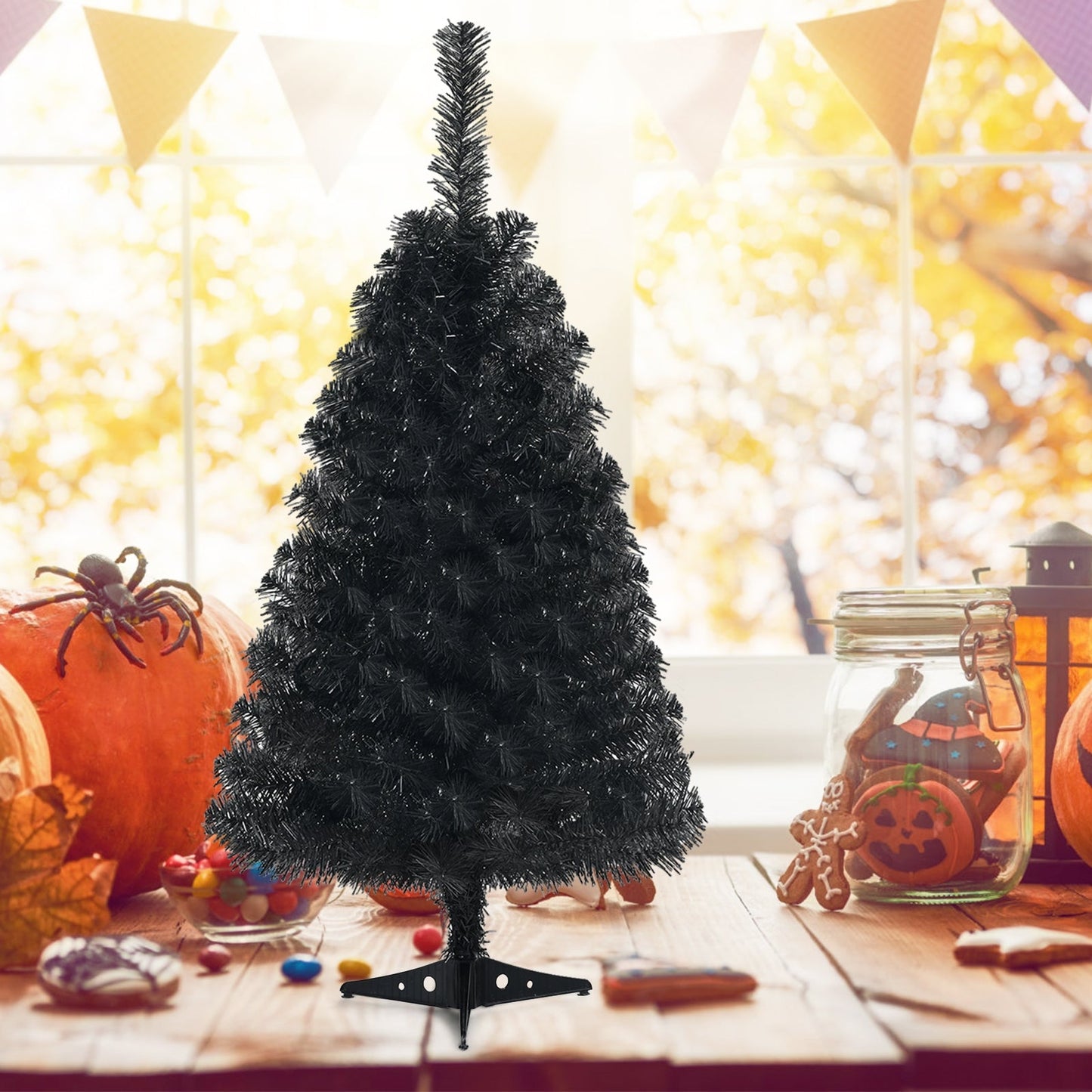 36 Inch Unlit Artificial Christmas Mini Tree with Plastic Stand-Green