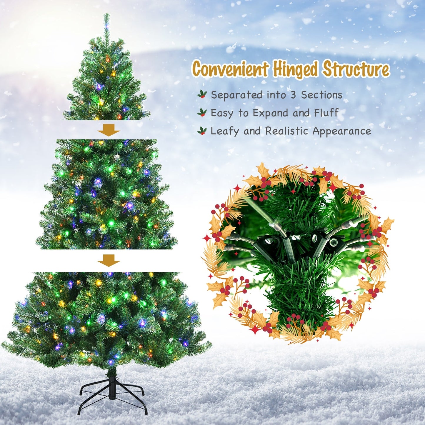 Artificial Hinged Christmas Tree with Remote-controlled Color-changing LED Lights
