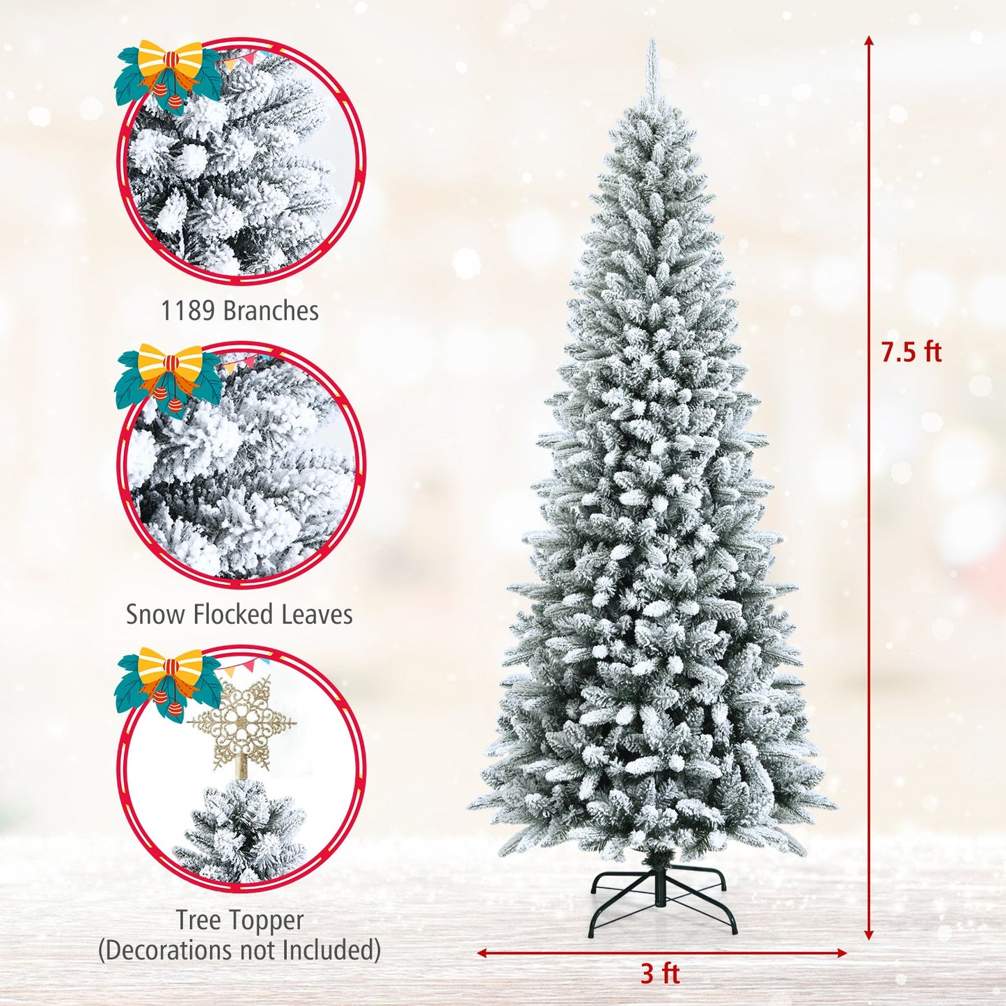 Snow-Flocked Hinged Artificial Christmas Pencil Tree with Mixed Tips