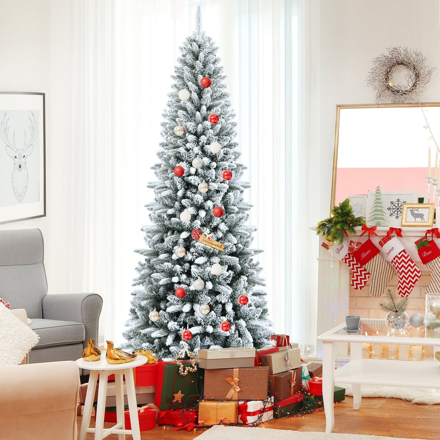 Snow-Flocked Hinged Artificial Christmas Pencil Tree with Mixed Tips