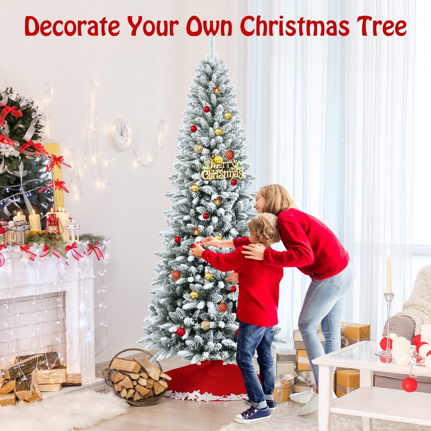Snow-Flocked Hinged Artificial Christmas Pencil Tree with Mixed Tips