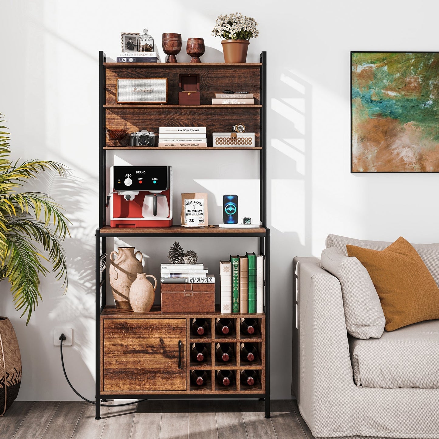 Coffee Bar Cabinet with S-Shaped Hooks and Wine Bottle Holders