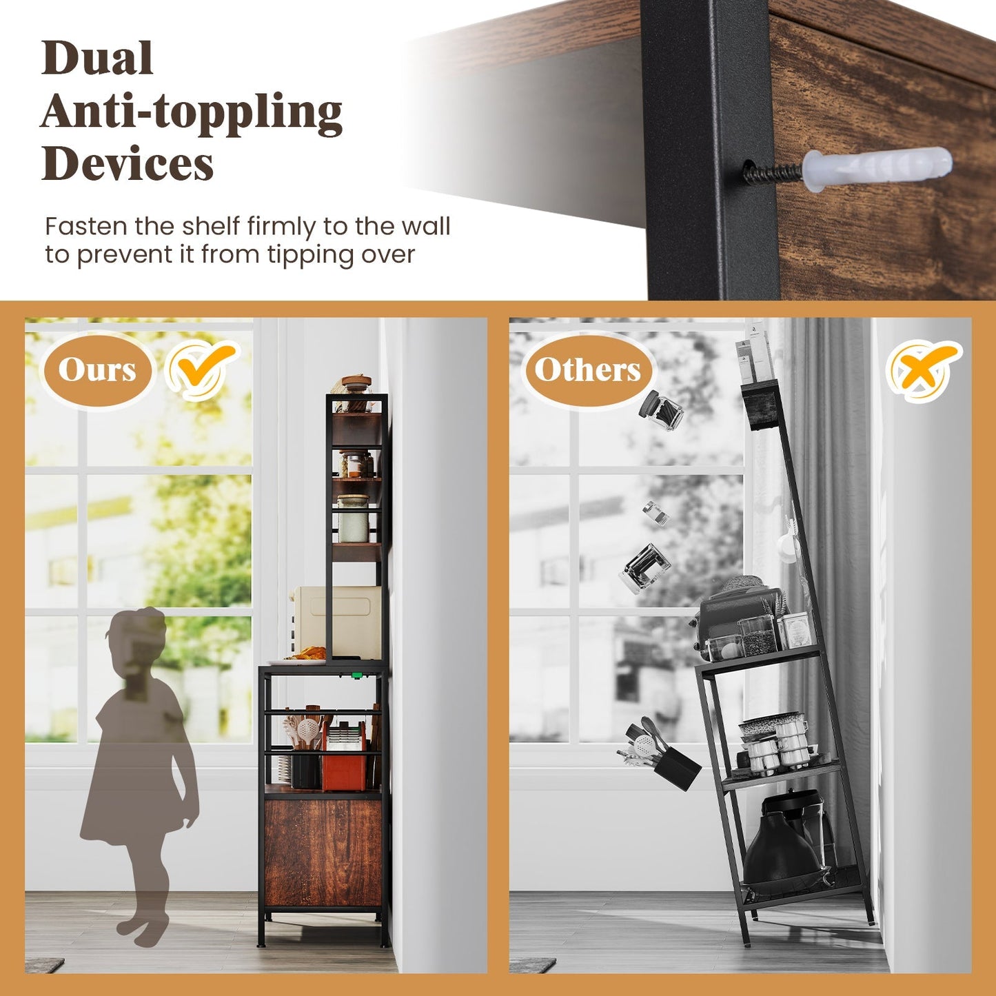 Coffee Bar Cabinet with S-Shaped Hooks and Wine Bottle Holders