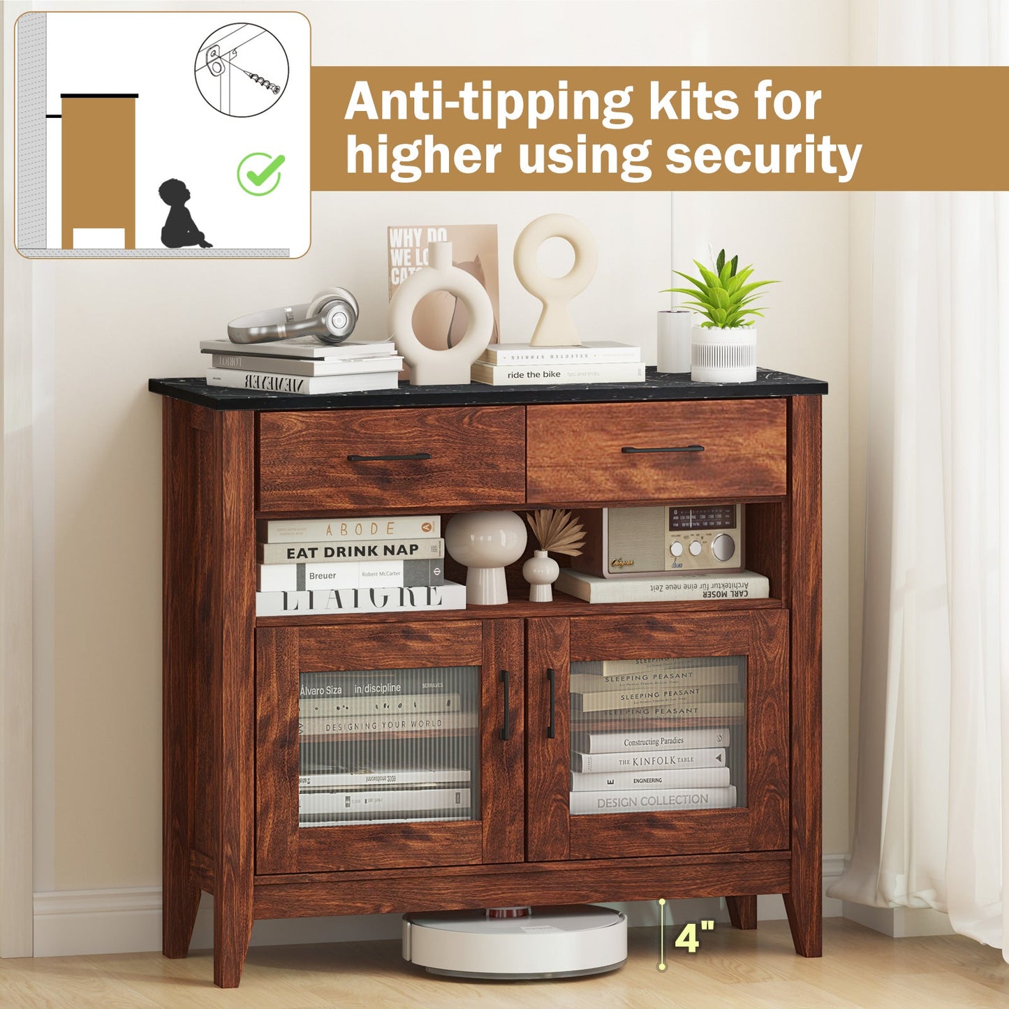 Coffee Bar Cabinet with 2 Drawers and 1 Open Compartment-Brown