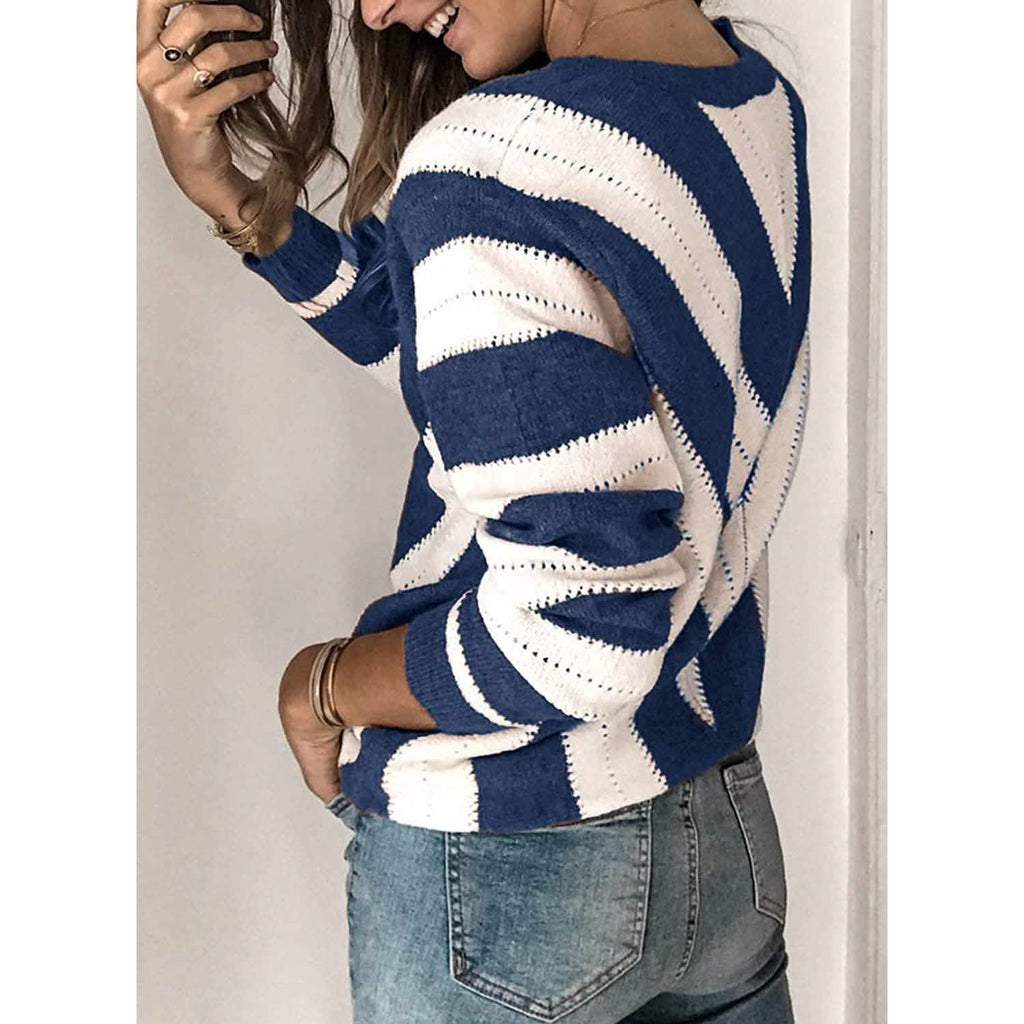 Pull en tricot à col en V rayé et blocs de couleur pour femmes, manches longues