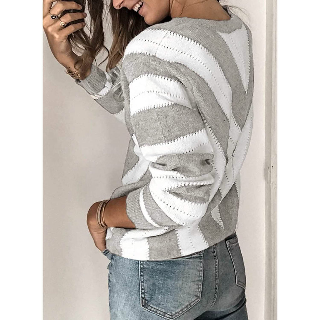 Pull en tricot à col en V rayé et blocs de couleur pour femmes, manches longues
