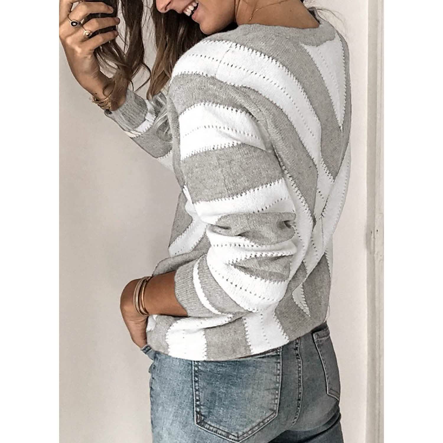 Pull en tricot à col en V rayé et blocs de couleur pour femmes, manches longues