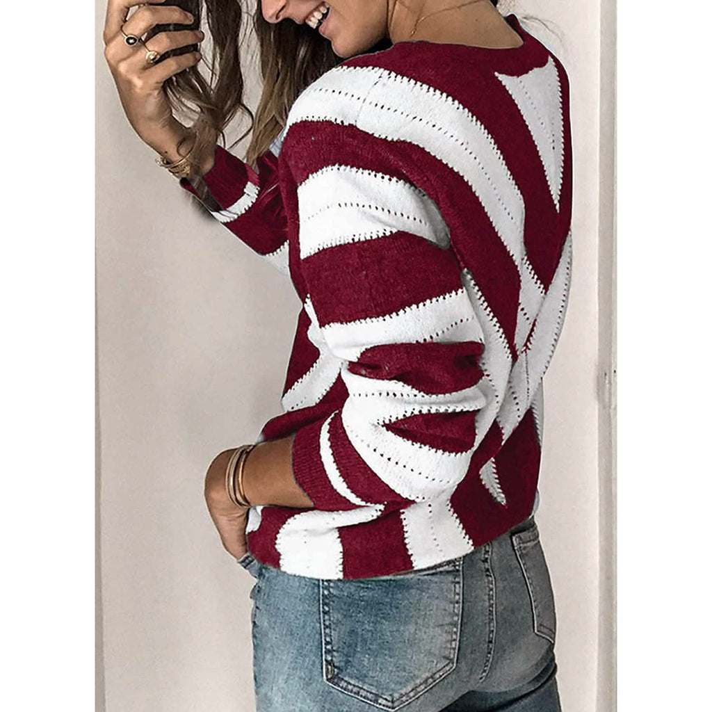 Pull en tricot à col en V rayé et blocs de couleur pour femmes, manches longues