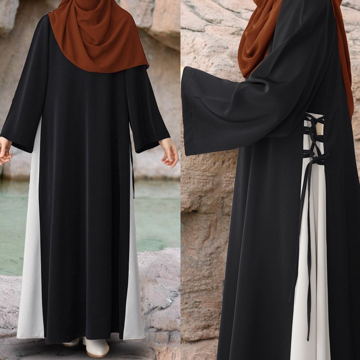 Colorblock Side-Tie Abaya | Two-Tone Round Neck Maxi Dress Abaya (MA362)