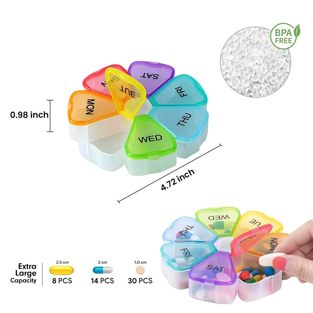 Colorful 7 Day Pills And Vitamins Organizer With Large Compartments