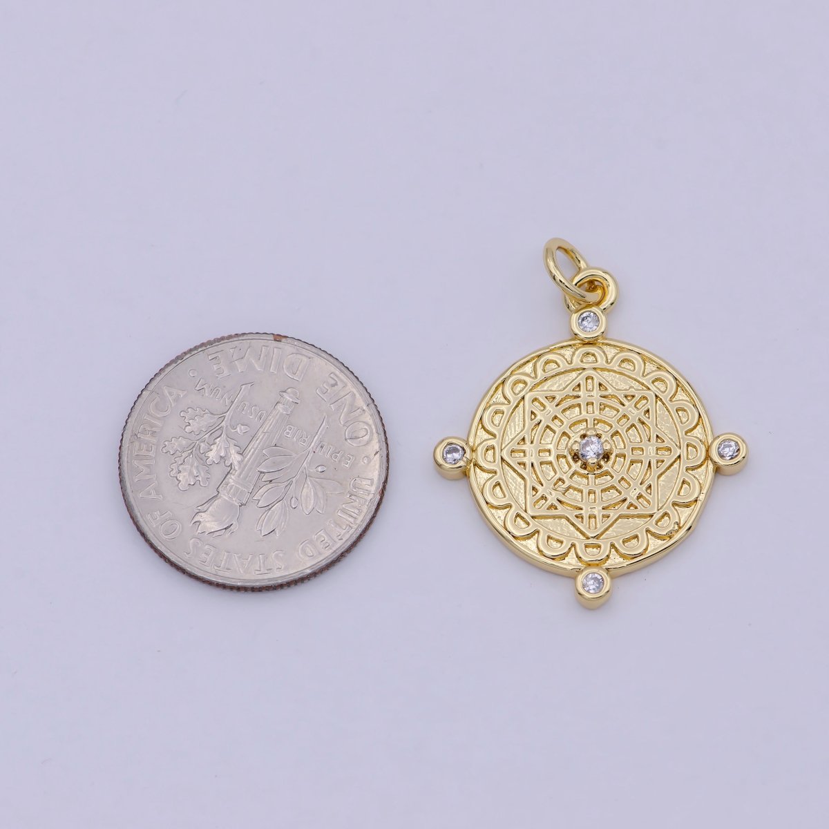 Compass Pendant, cubic zirconia cz diamonds, 14K Gold Filled, medallion pendant for Necklace Jewelry Making W-170