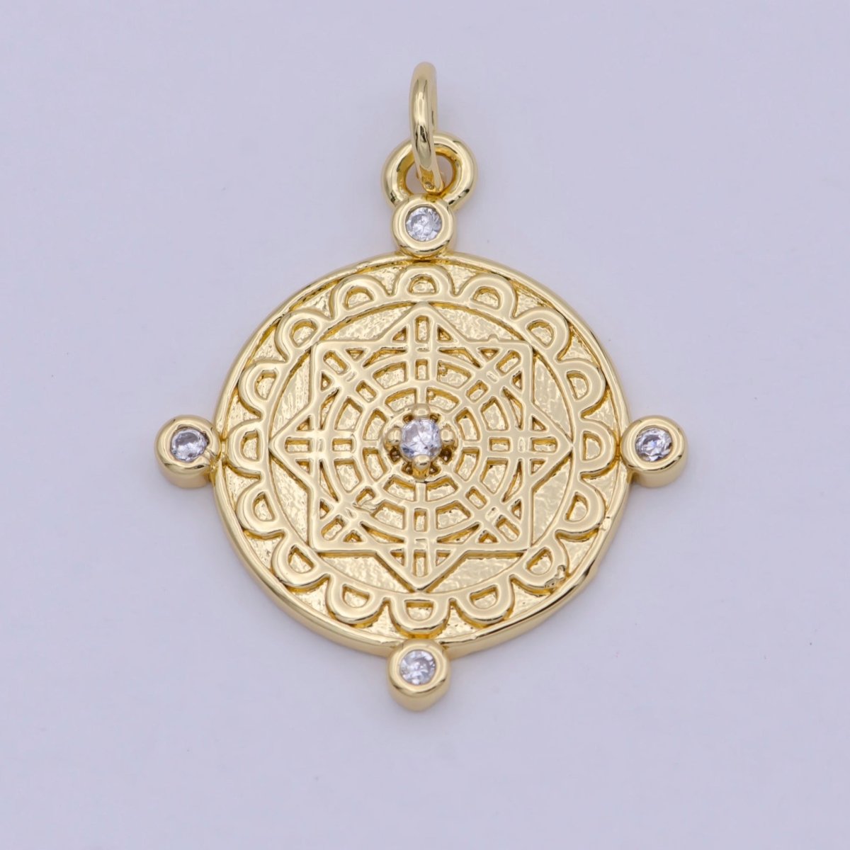 Compass Pendant, cubic zirconia cz diamonds, 14K Gold Filled, medallion pendant for Necklace Jewelry Making W-170