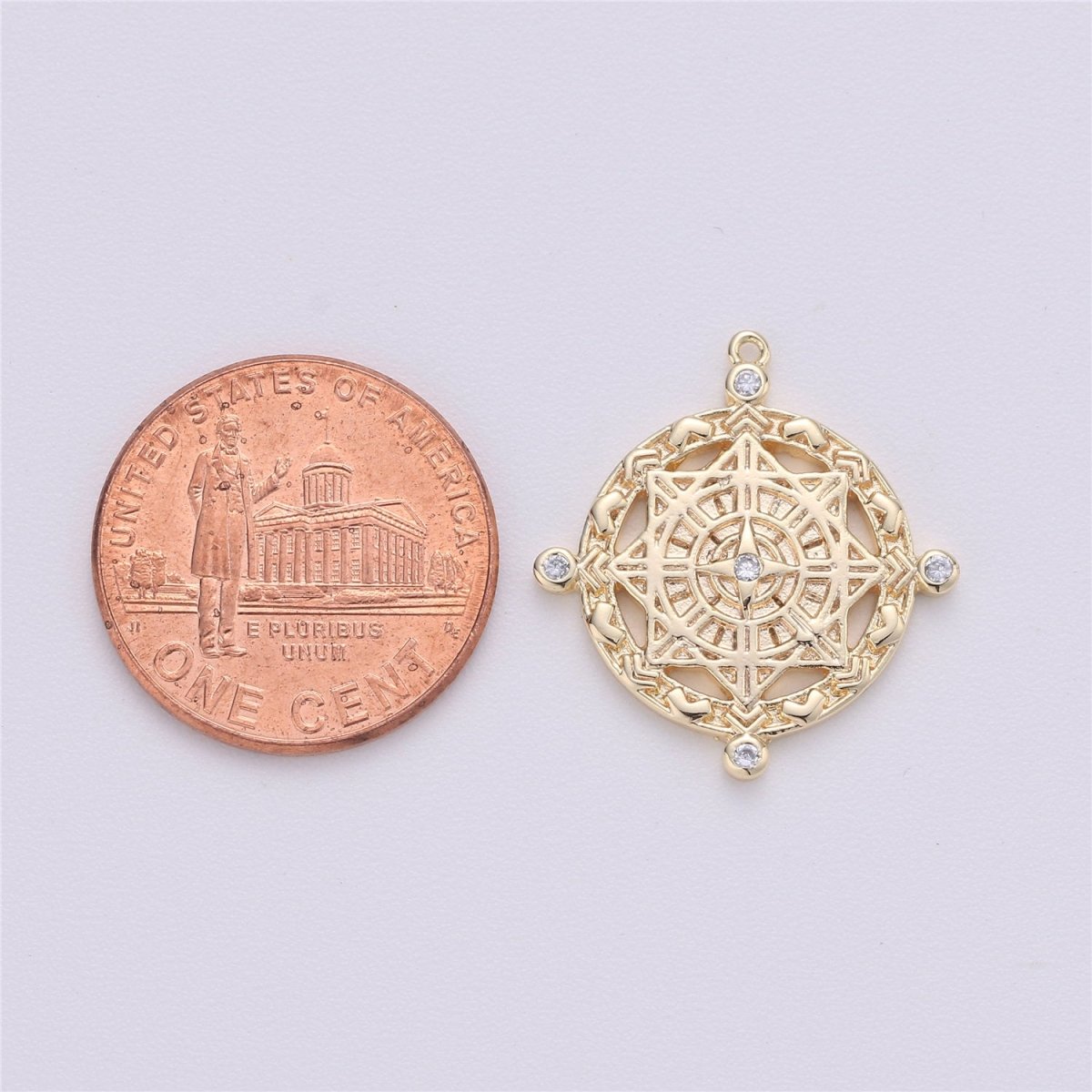 Compass Pendant, cubic zirconia stones, cz diamonds, 18K Gold Filled, medallion pendant for Necklace Jewelry MakingC-477
