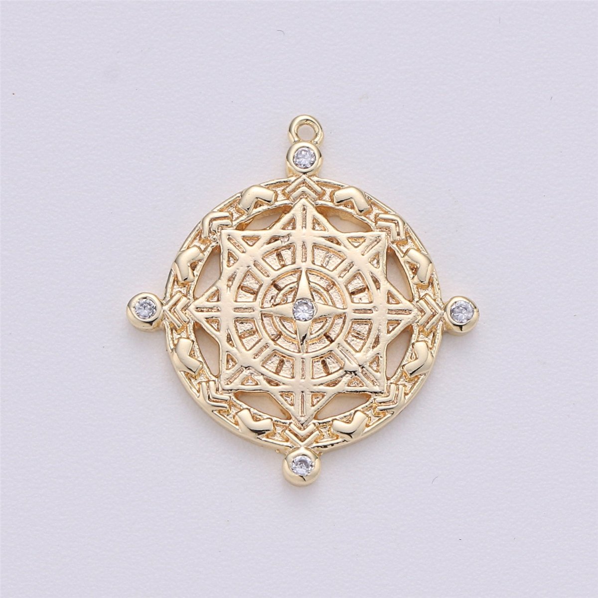 Compass Pendant, cubic zirconia stones, cz diamonds, 18K Gold Filled, medallion pendant for Necklace Jewelry MakingC-477