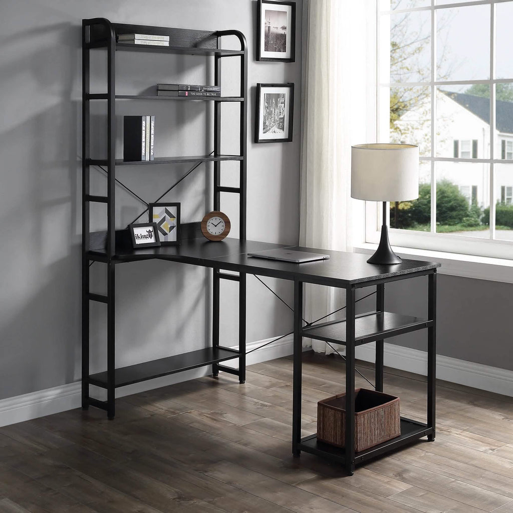 Bureau d'ordinateur en L avec étagères de rangement à 4 niveaux