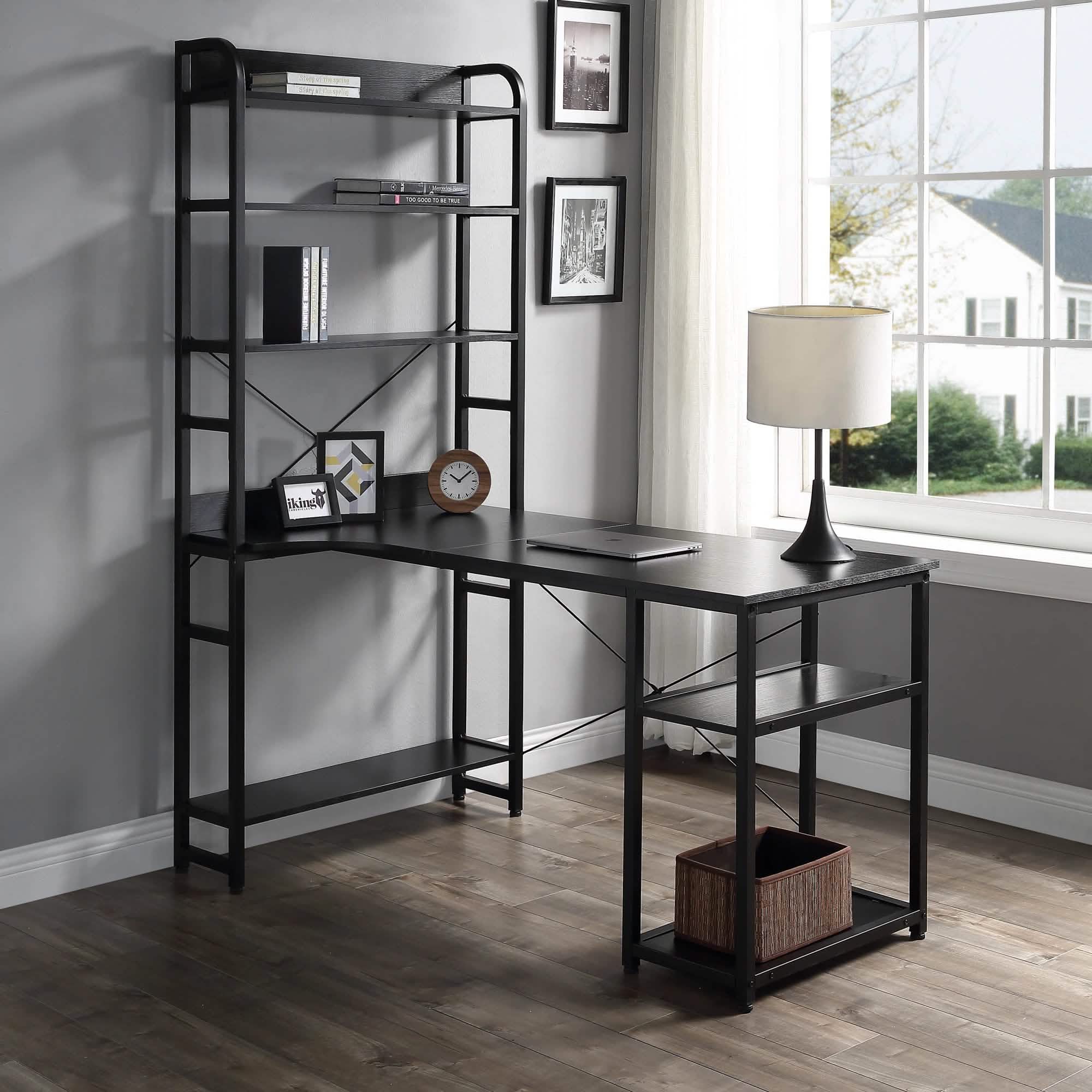 Bureau d'ordinateur en L avec étagères de rangement à 4 niveaux