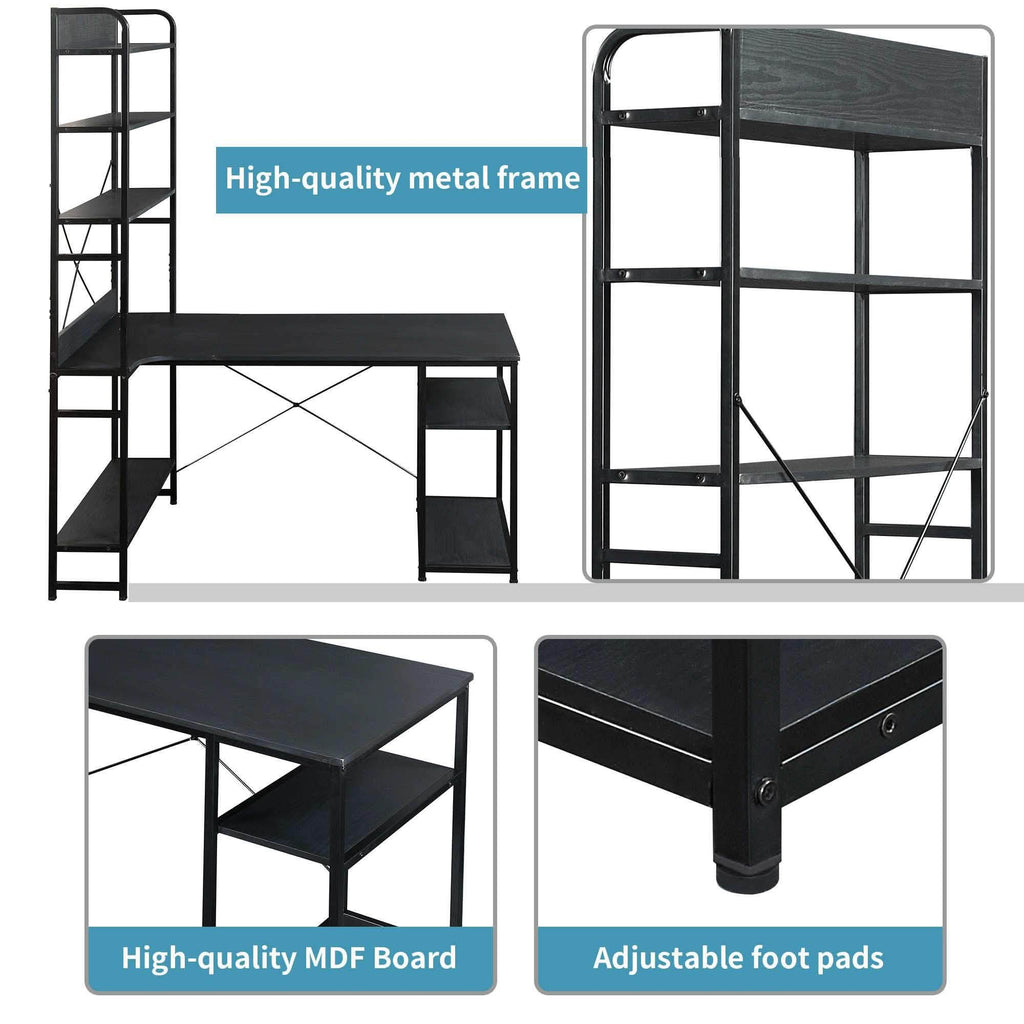 Bureau d'ordinateur en L avec étagères de rangement à 4 niveaux