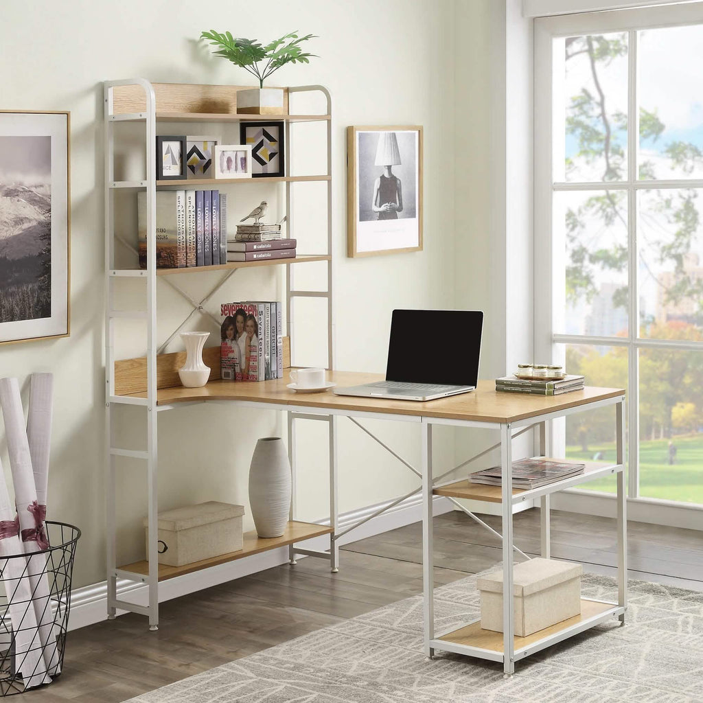 Bureau d'ordinateur en L avec étagères de rangement à 4 niveaux