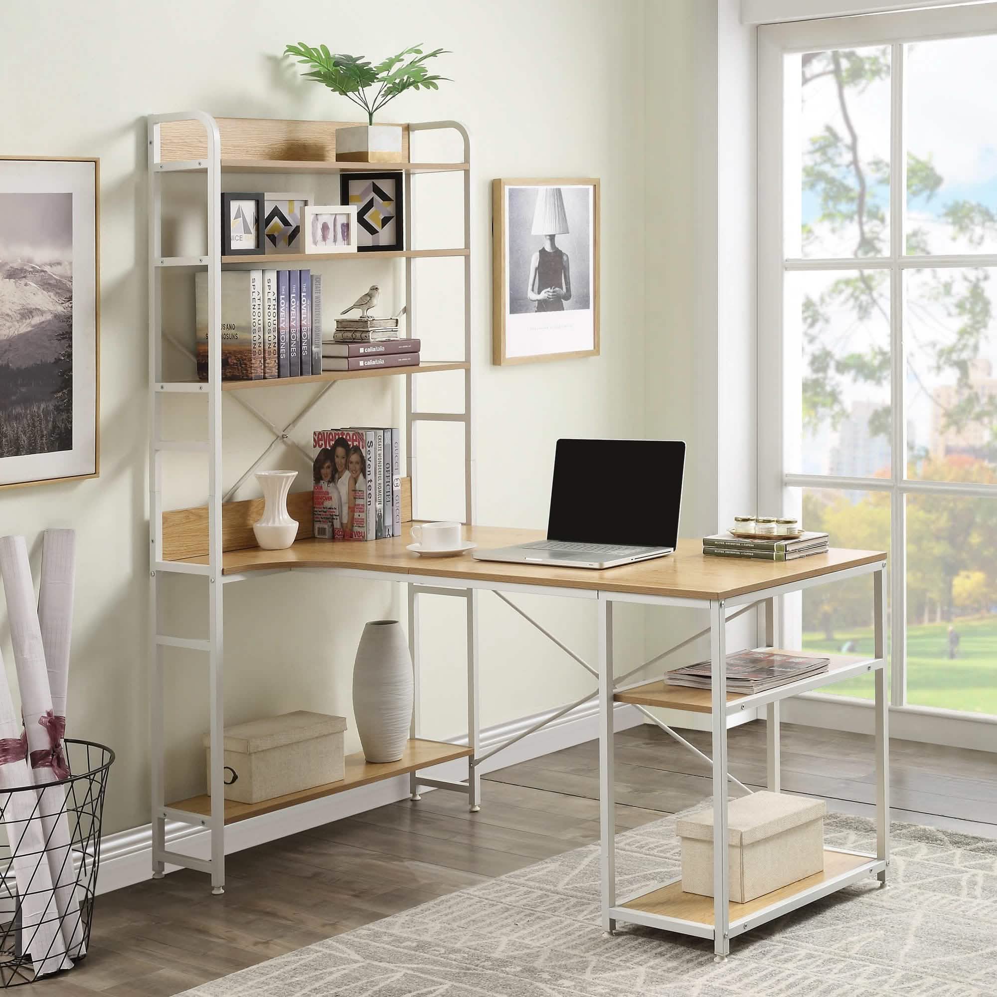 Bureau d'ordinateur en L avec étagères de rangement à 4 niveaux