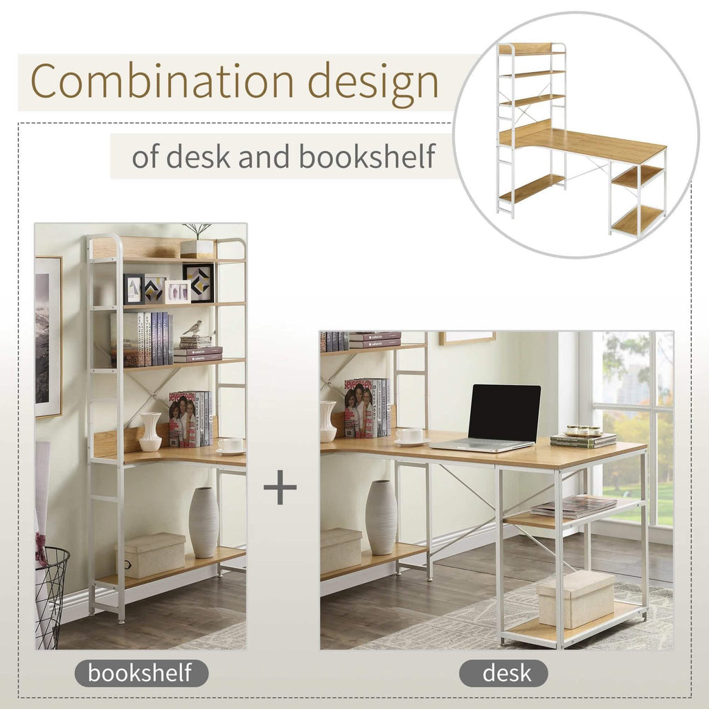 Bureau d'ordinateur en L avec étagères de rangement à 4 niveaux