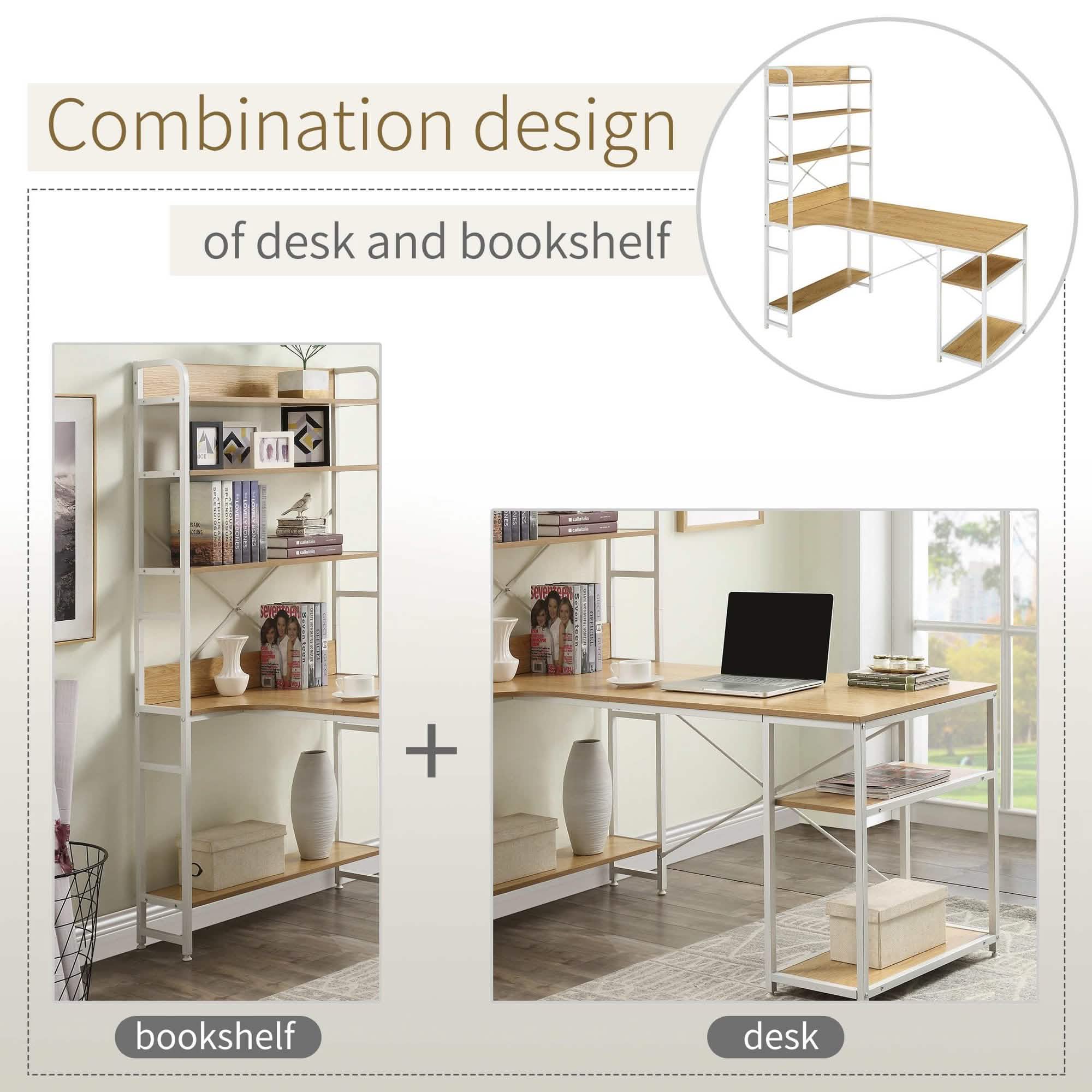 Bureau d'ordinateur en L avec étagères de rangement à 4 niveaux