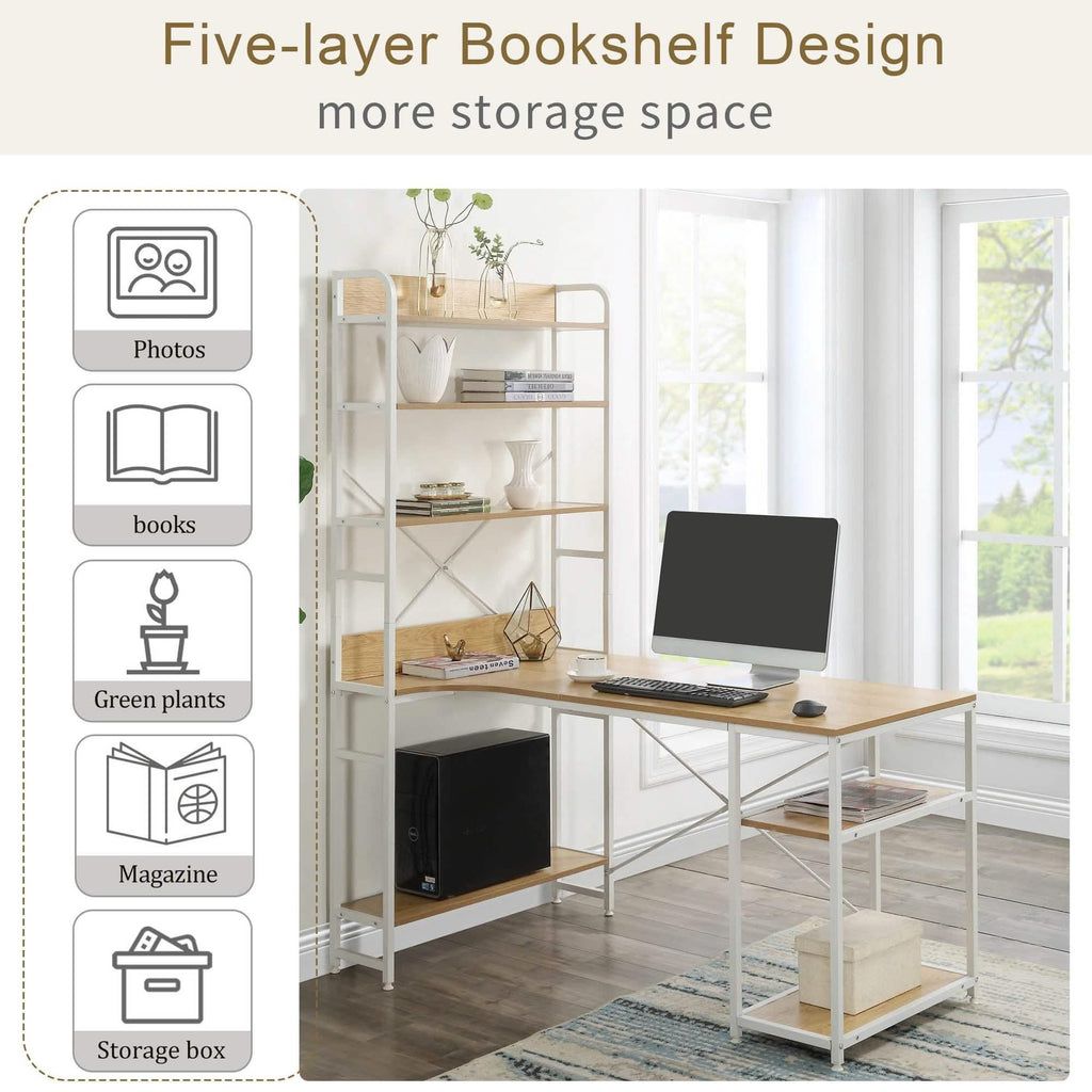 Bureau d'ordinateur en L avec étagères de rangement à 4 niveaux