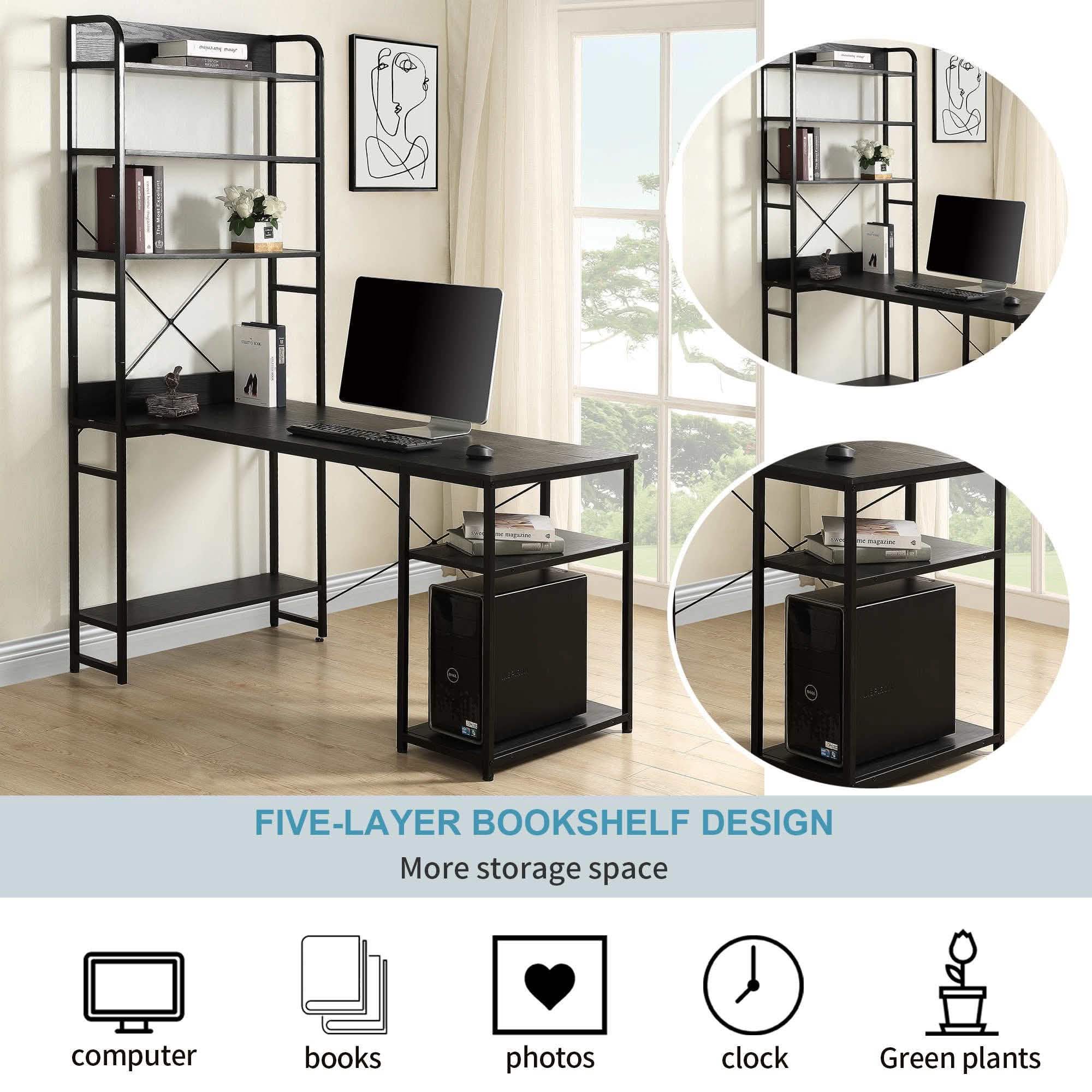 Bureau d'ordinateur en L avec étagères de rangement à 4 niveaux