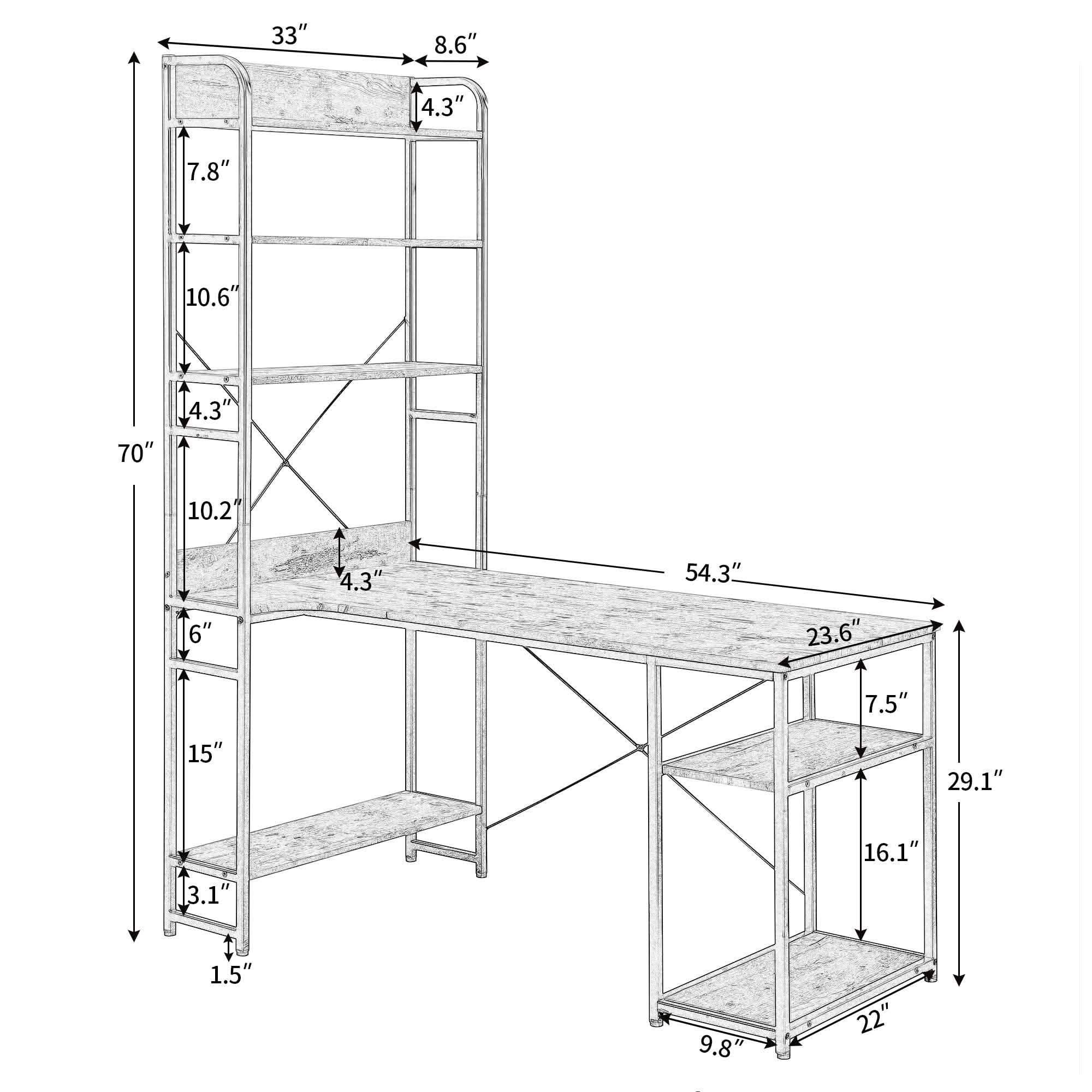 Bureau d'ordinateur en L avec étagères de rangement à 4 niveaux