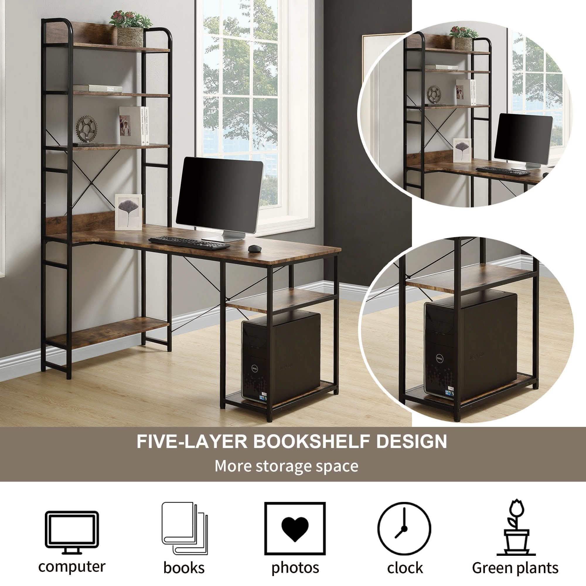 Bureau d'ordinateur en L avec étagères de rangement à 4 niveaux