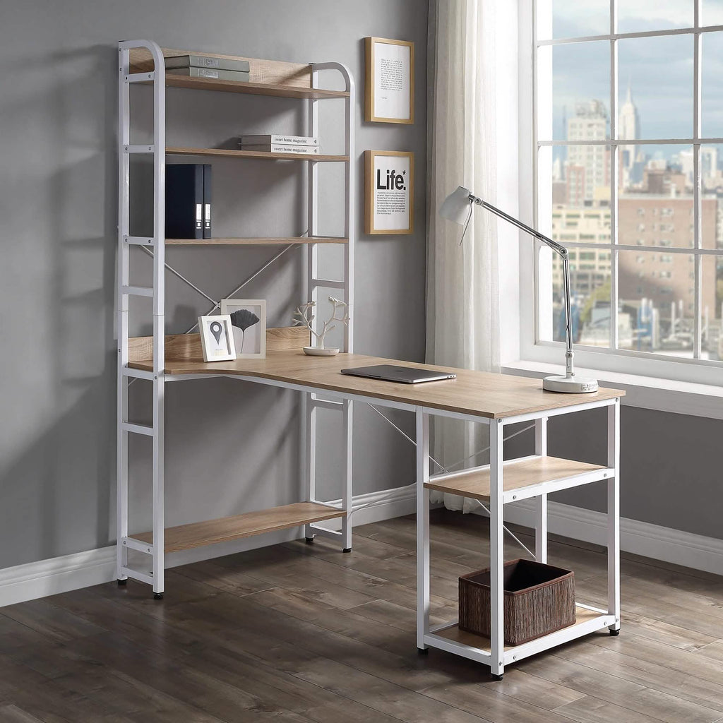 Bureau d'ordinateur en L avec étagères de rangement à 4 niveaux
