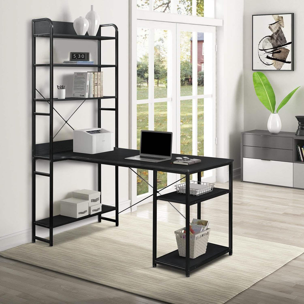 Bureau d'ordinateur en L avec étagères de rangement à 4 niveaux