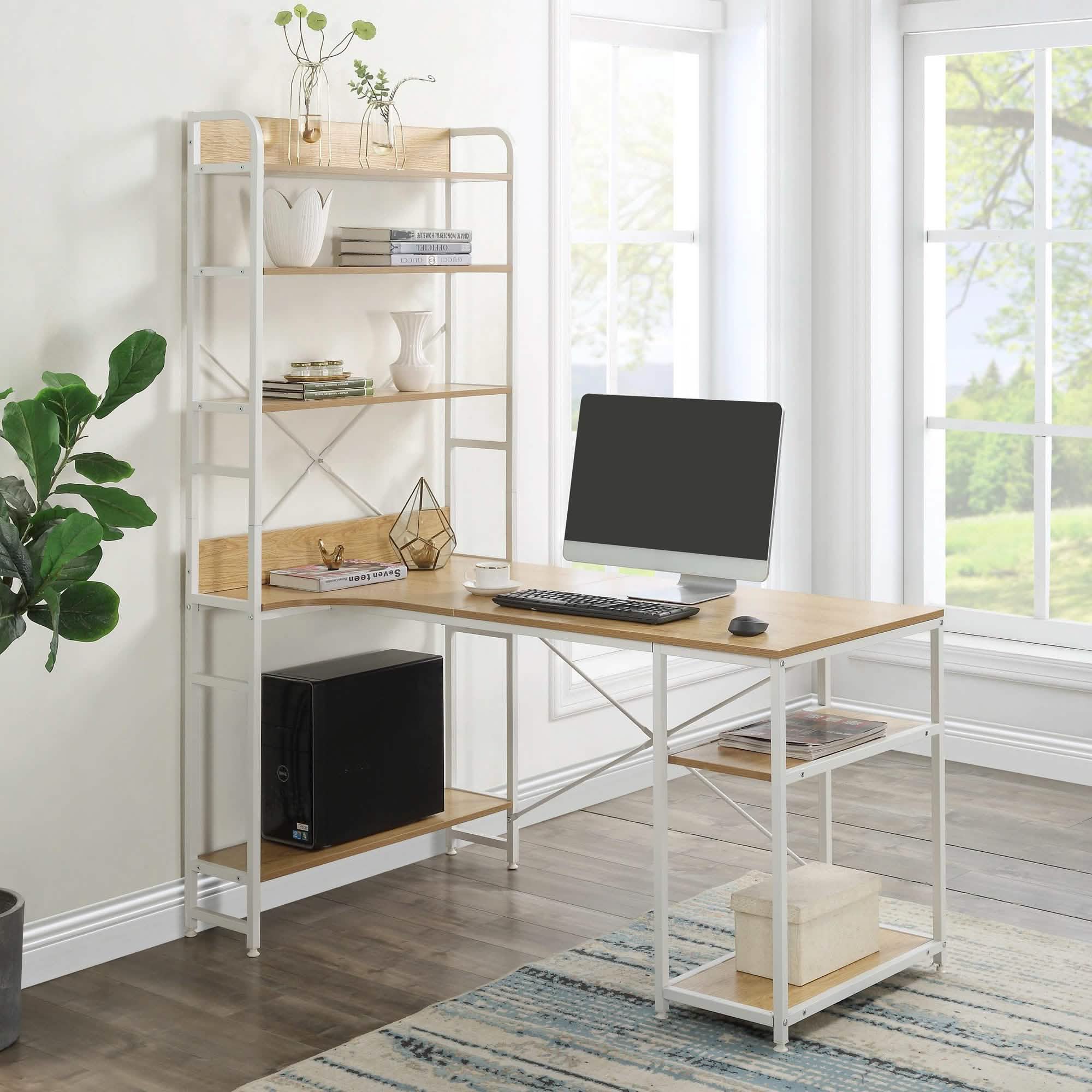Bureau d'ordinateur en L avec étagères de rangement à 4 niveaux
