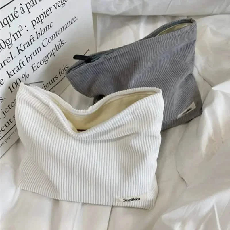 Trousse de Maquillage de Voyage en Velours Côtelé, Grande Trousse de Toilette de Voyage