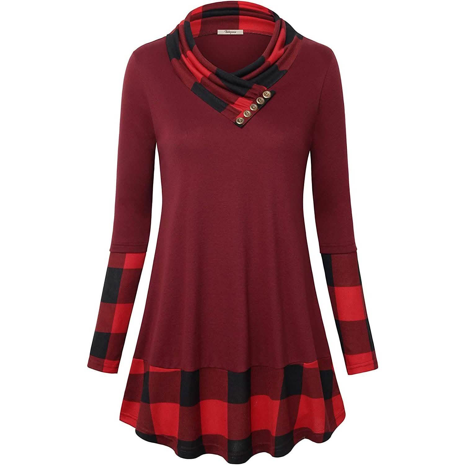 Cowl Neck Long Sleeve Patchwork Top