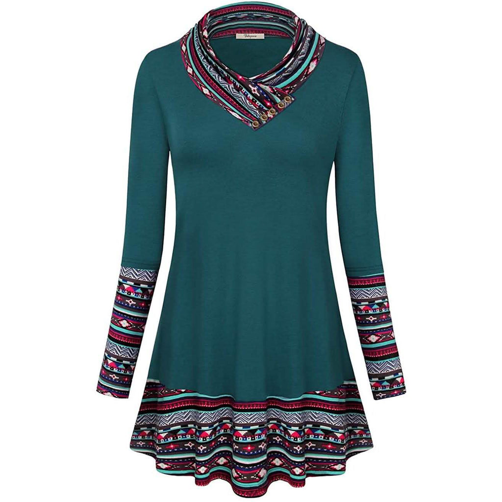 Cowl Neck Long Sleeve Patchwork Top