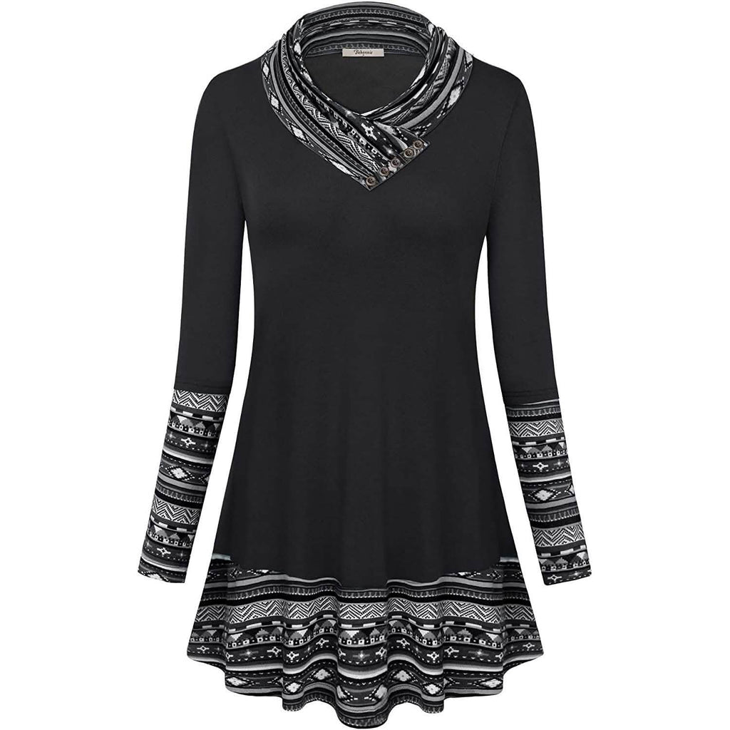 Cowl Neck Long Sleeve Patchwork Top