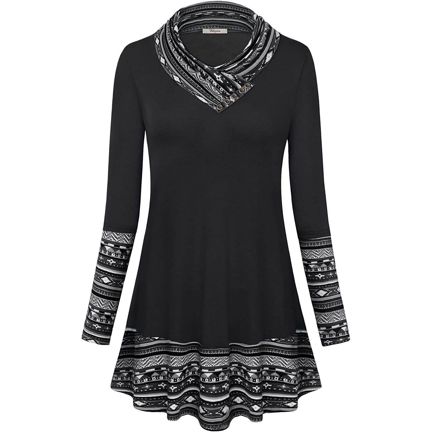 Cowl Neck Long Sleeve Patchwork Top