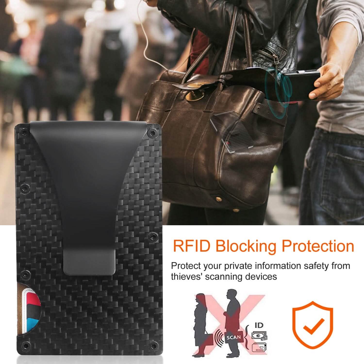 Porte-cartes avec pince à billets en fibre de carbone anti-RFID pour homme