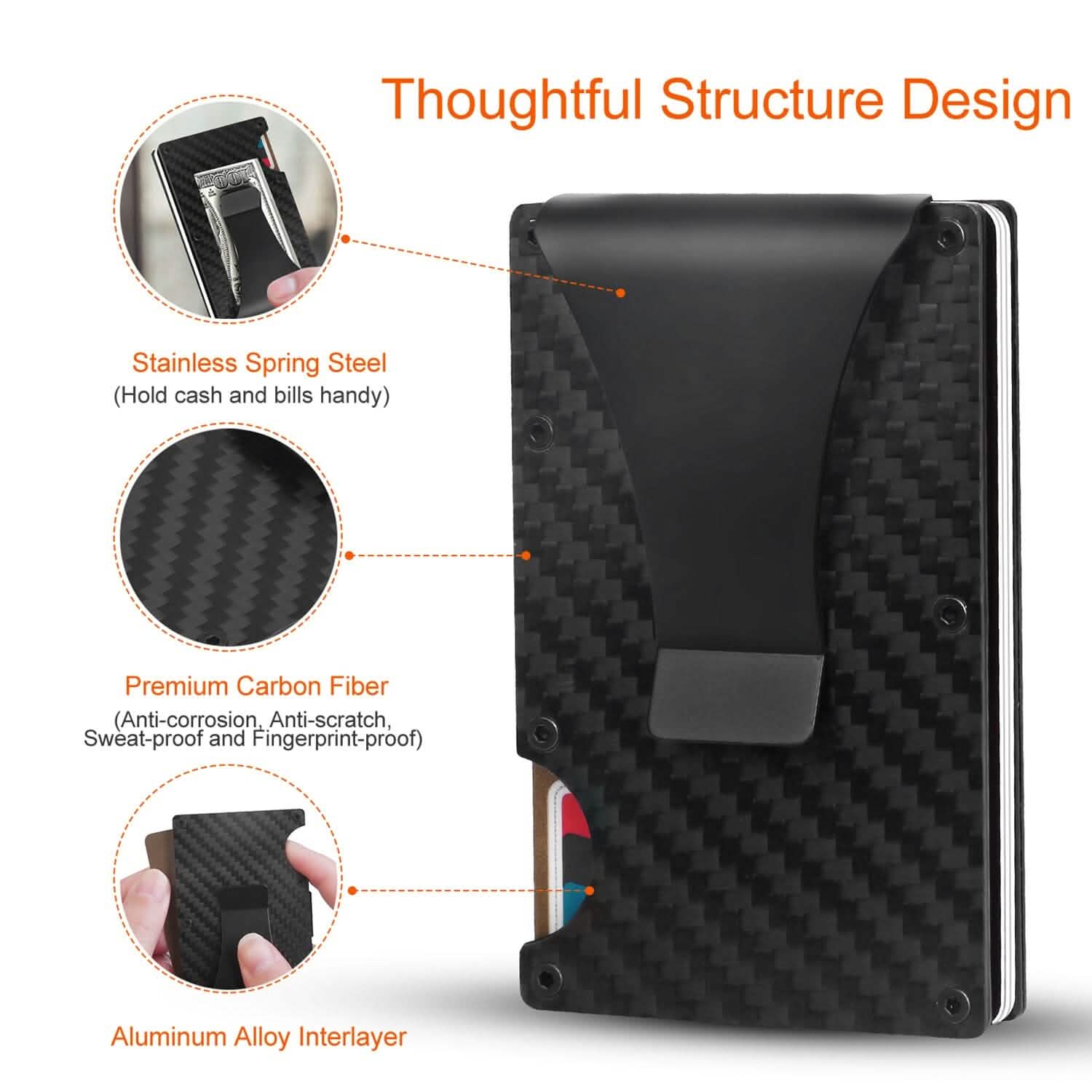 Porte-cartes avec pince à billets en fibre de carbone anti-RFID pour homme