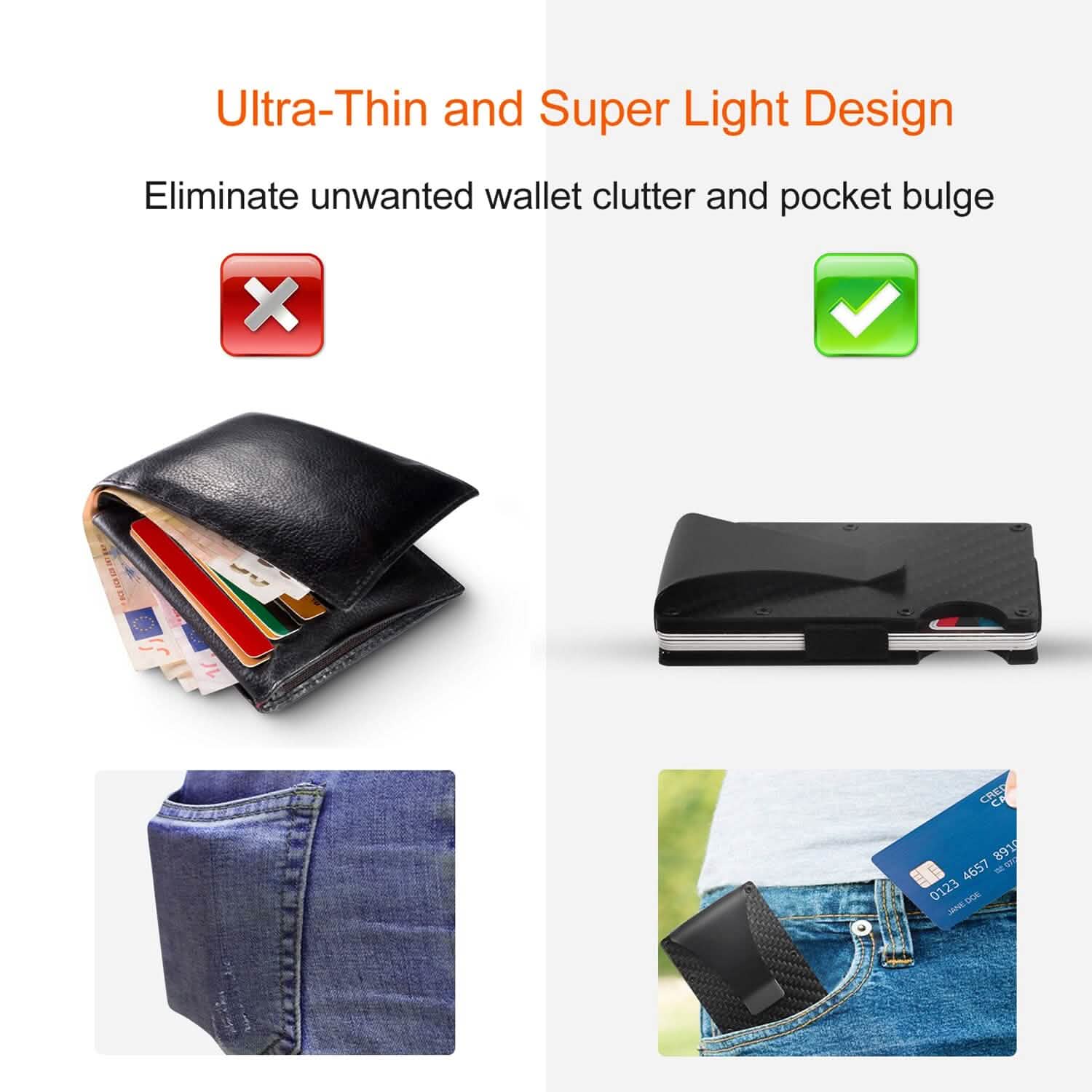 Porte-cartes avec pince à billets en fibre de carbone anti-RFID pour homme