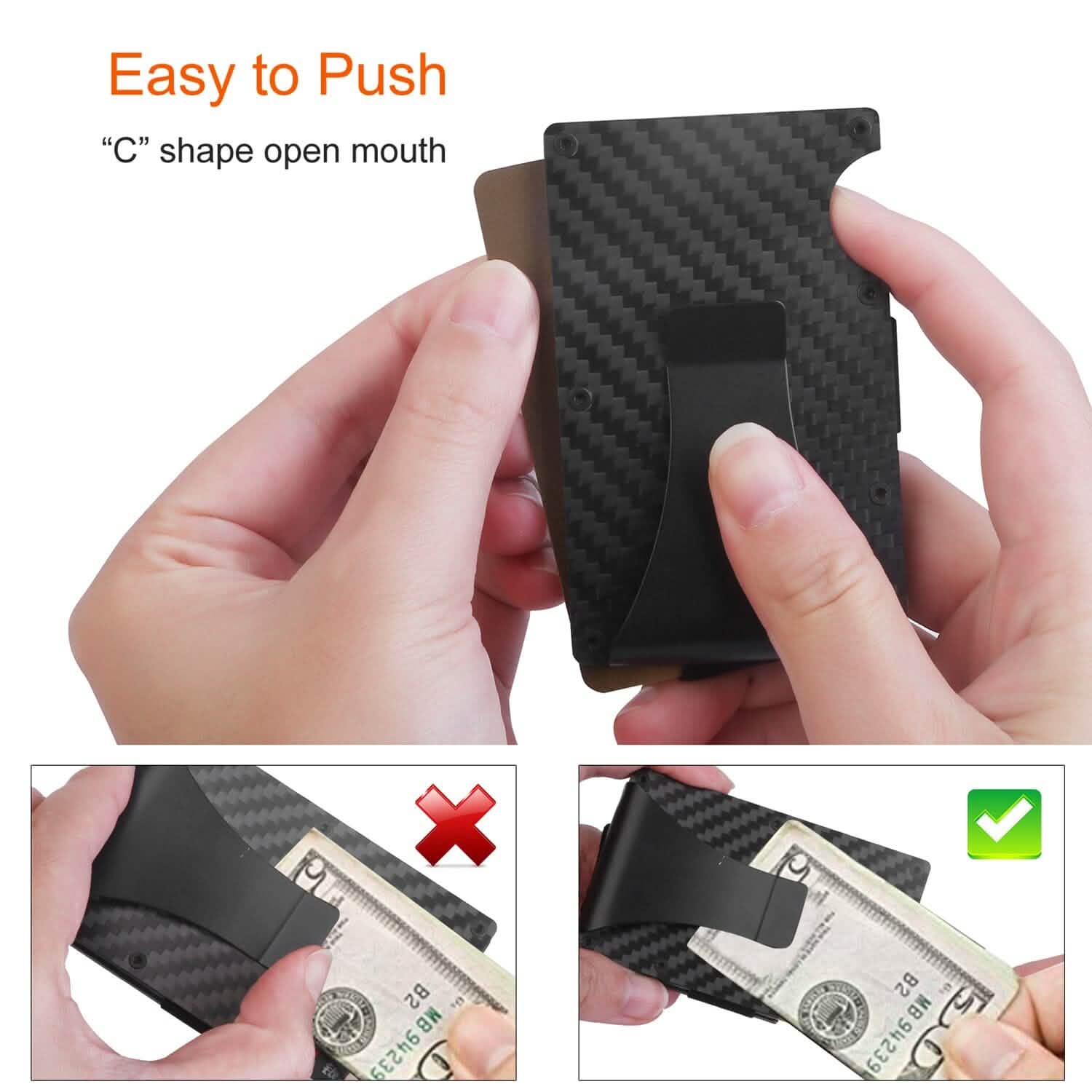 Porte-cartes avec pince à billets en fibre de carbone anti-RFID pour homme