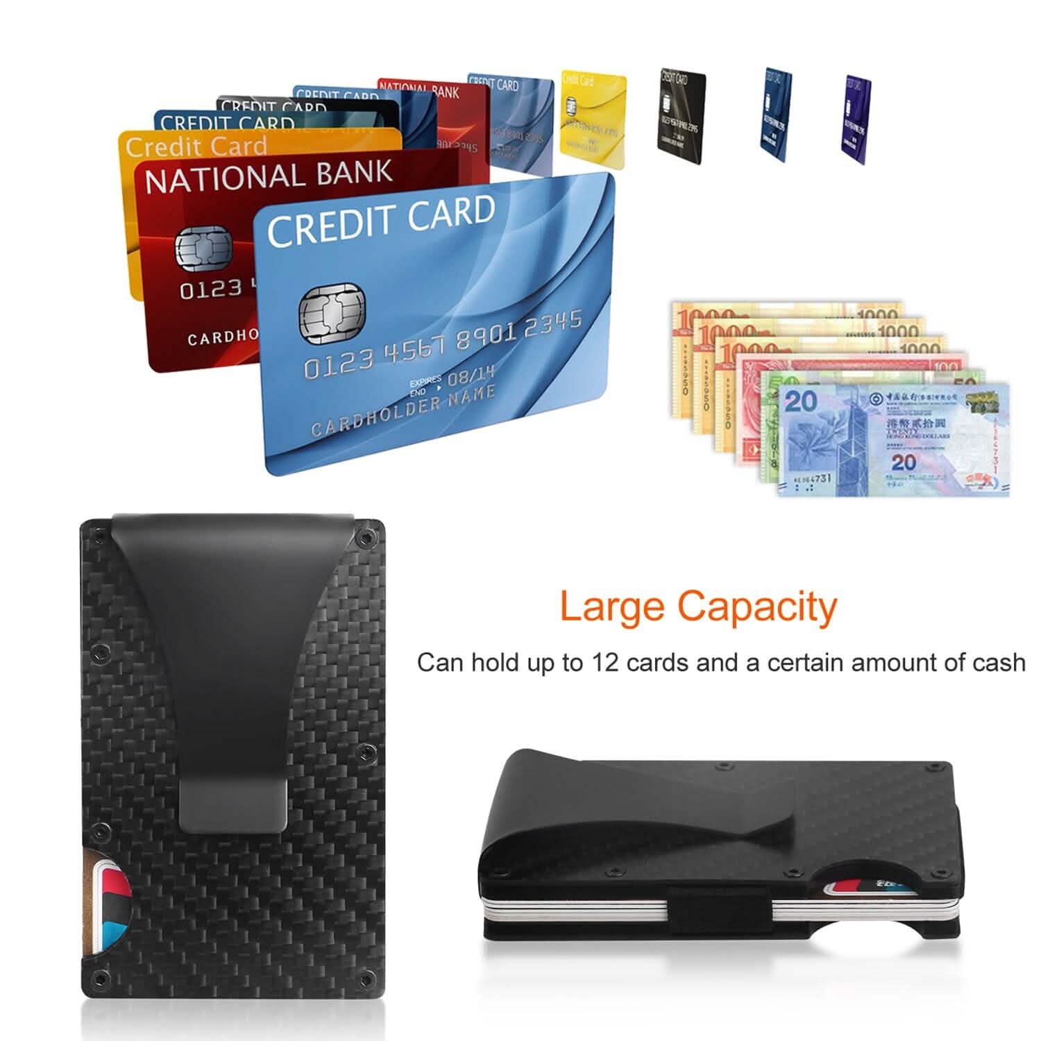 Porte-cartes avec pince à billets en fibre de carbone anti-RFID pour homme