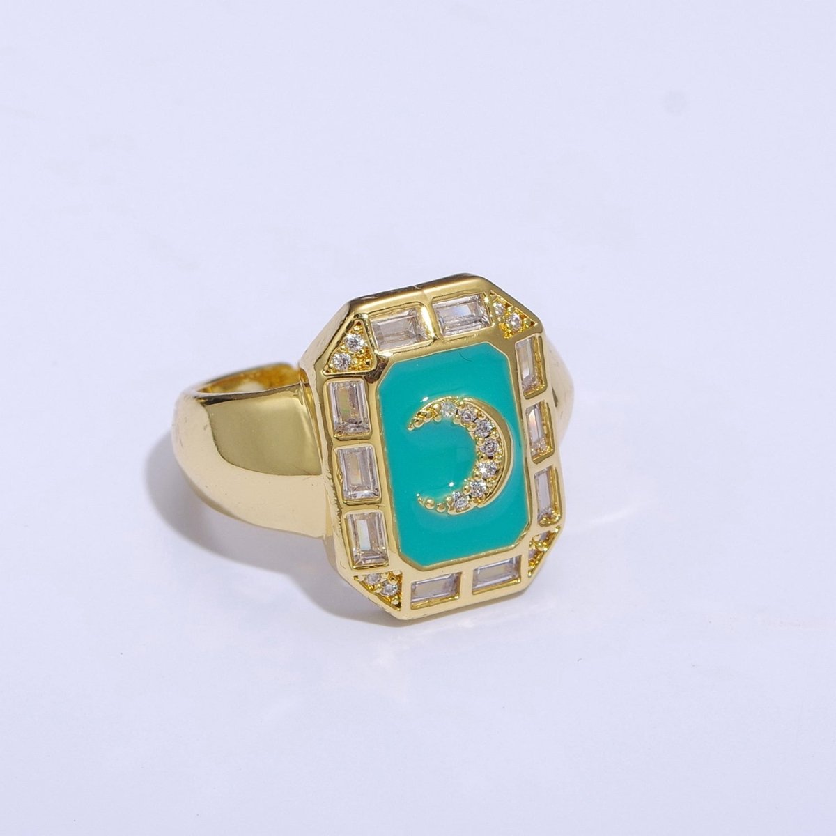 Crescent Moon Spinel Signet Ring Gold Chunky Ring Celestial Enamel Colorful Cz Jewelry U-001~U-005
