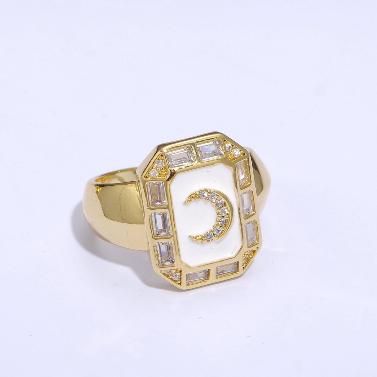Crescent Moon Spinel Signet Ring Gold Chunky Ring Celestial Enamel Colorful Cz Jewelry U-001~U-005