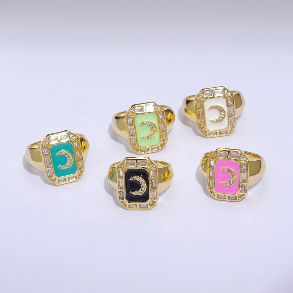 Crescent Moon Spinel Signet Ring Gold Chunky Ring Celestial Enamel Colorful Cz Jewelry U-001~U-005