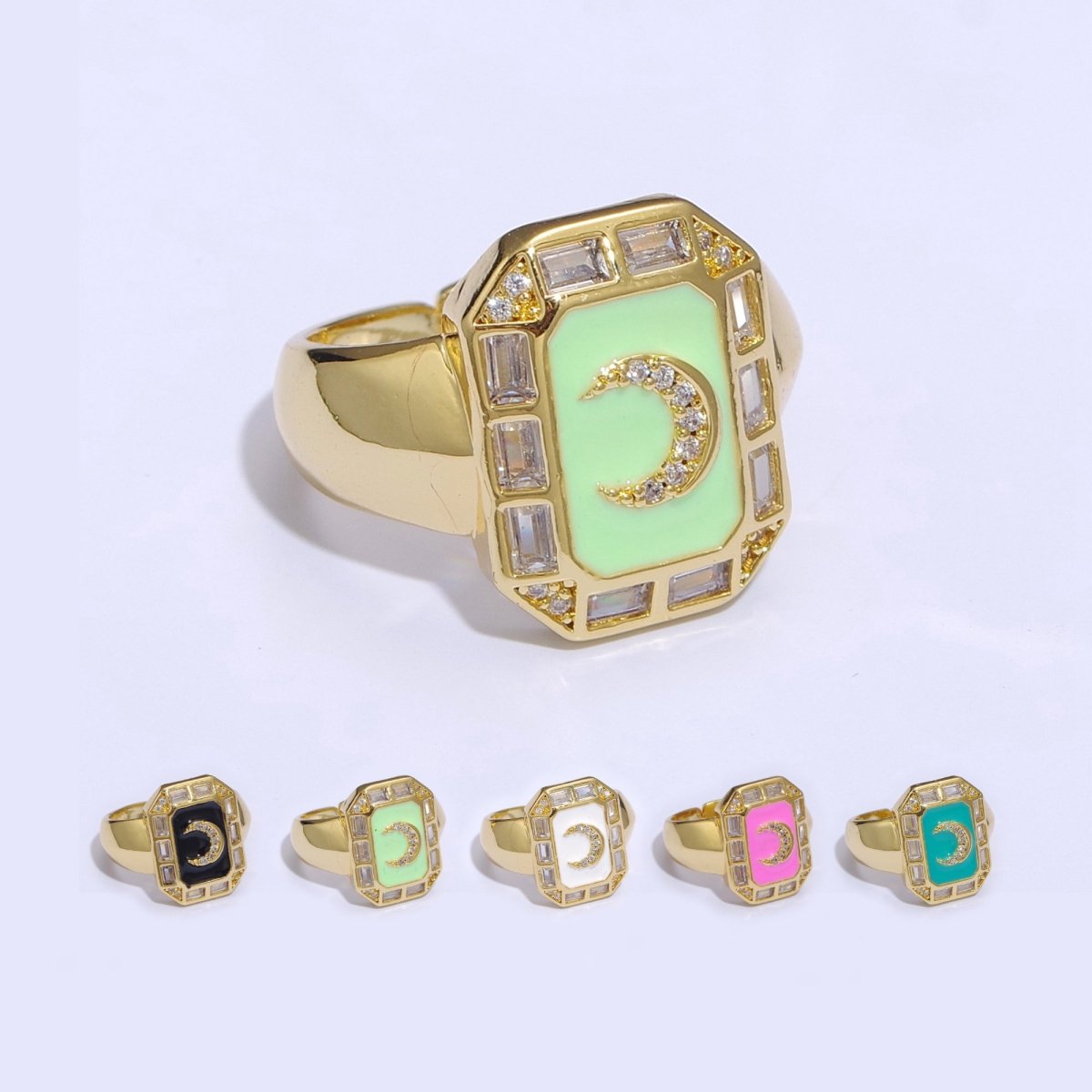 Crescent Moon Spinel Signet Ring Gold Chunky Ring Celestial Enamel Colorful Cz Jewelry U-001~U-005