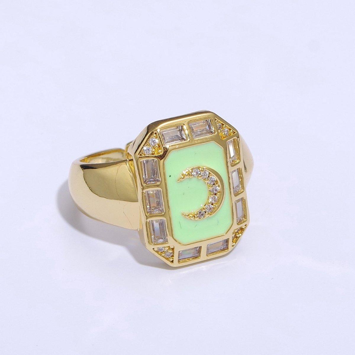 Crescent Moon Spinel Signet Ring Gold Chunky Ring Celestial Enamel Colorful Cz Jewelry U-001~U-005