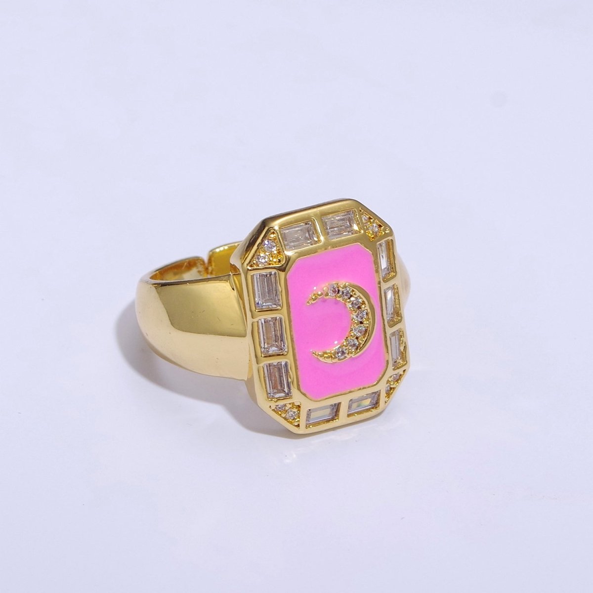 Crescent Moon Spinel Signet Ring Gold Chunky Ring Celestial Enamel Colorful Cz Jewelry U-001~U-005