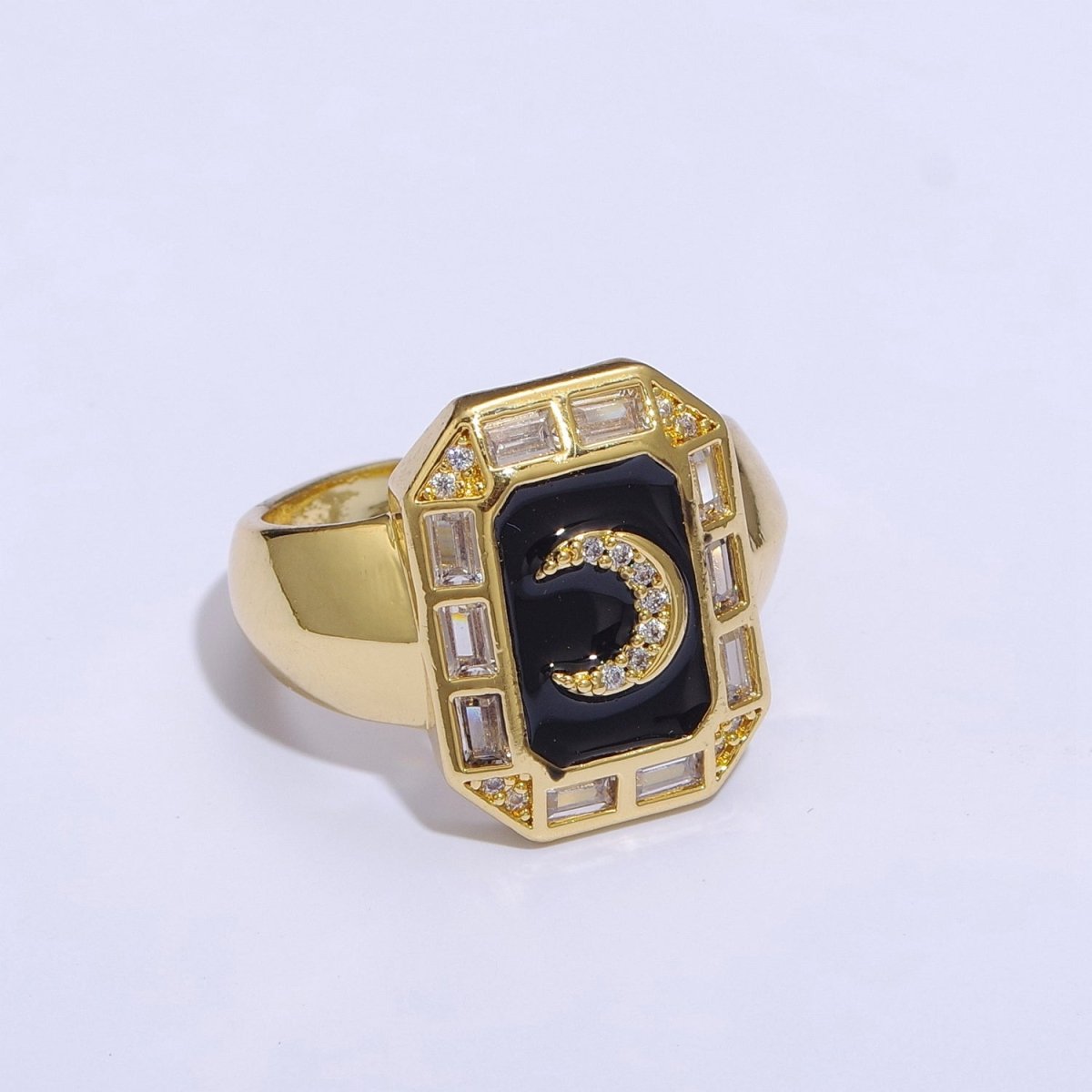 Crescent Moon Spinel Signet Ring Gold Chunky Ring Celestial Enamel Colorful Cz Jewelry U-001~U-005
