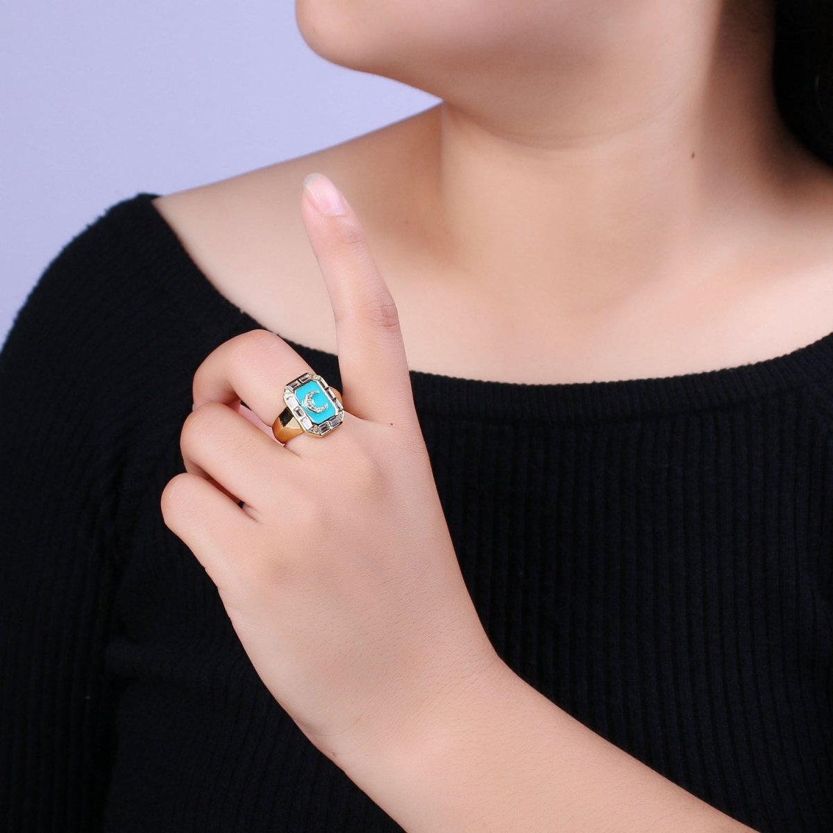 Crescent Moon Spinel Signet Ring Gold Chunky Ring Celestial Enamel Colorful Cz Jewelry U-001~U-005
